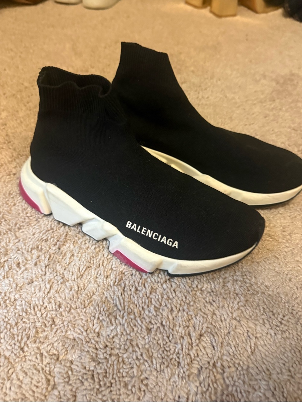 Balenciaga Black Sock-Style Sneakers with White & Pink Accents